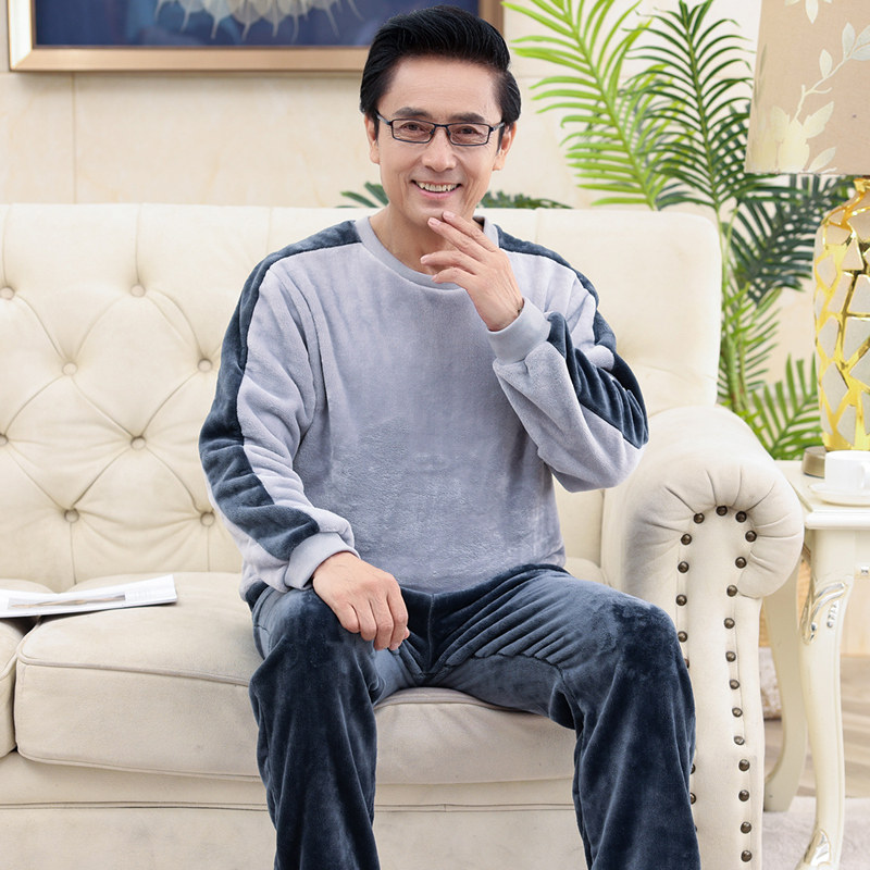 珊瑚绒睡衣男士秋冬款加绒加厚中老年爸爸款法兰绒圆领家居服套装