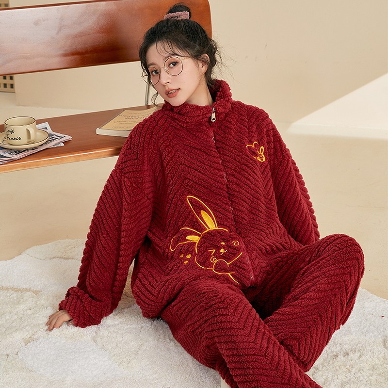 红色嫁娶结婚本命年生肖珊瑚绒睡衣女加厚加绒保暖冬季家居服套装