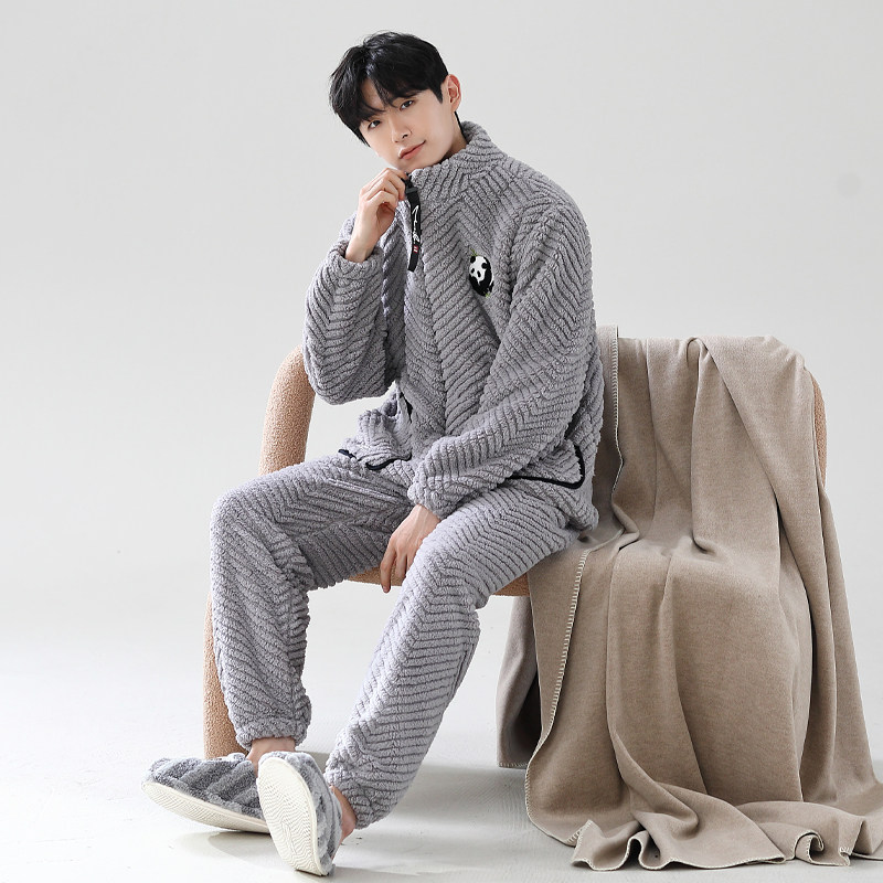 男士珊瑚绒睡衣套装新款冬季加厚保暖立领拉链家居服灰色青年