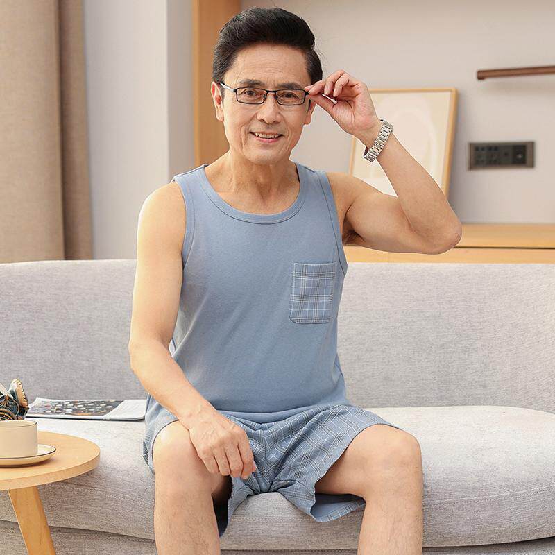 老年人睡衣男纯棉背心短裤套装爸爸加大码简约可外穿无袖家居服薄