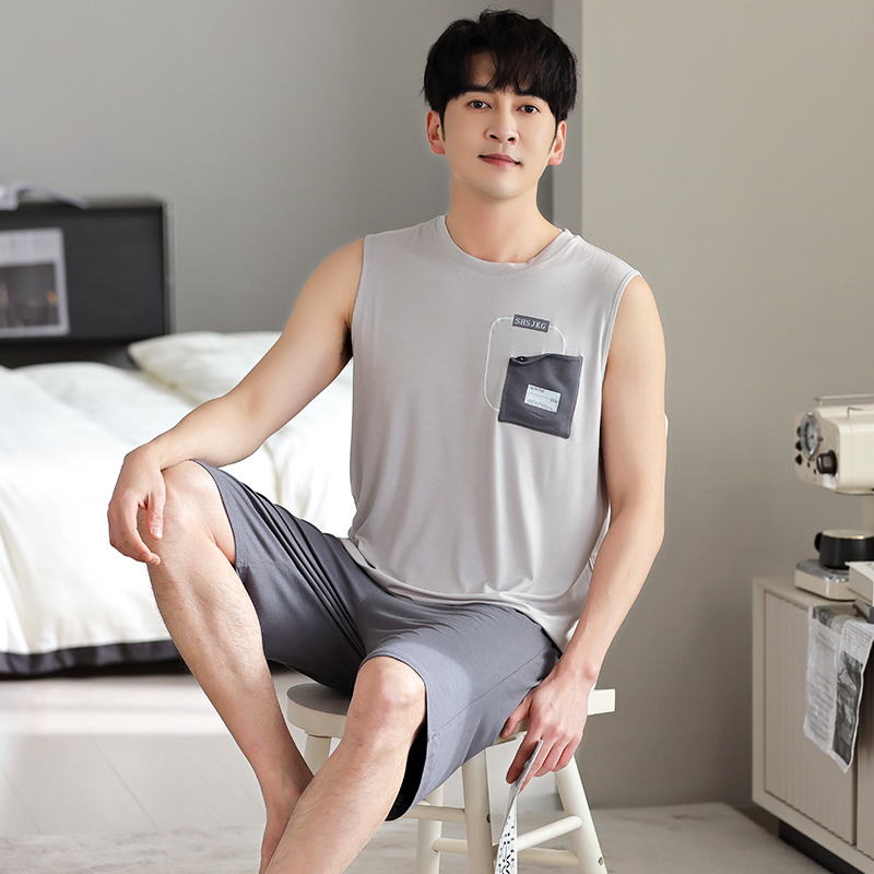 睡衣男款夏季莫代尔无袖背心短裤爸爸夏天凉感休闲大码家居服套装