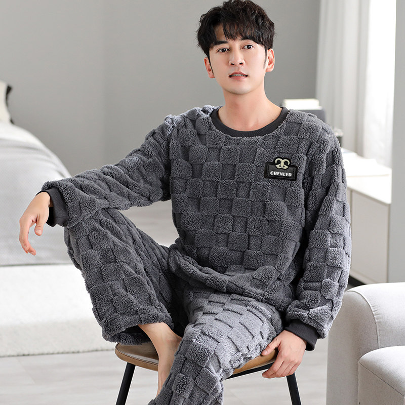 睡衣男秋冬法兰绒加厚珊瑚绒圆领套头冬季加绒保暖家居服男士套装