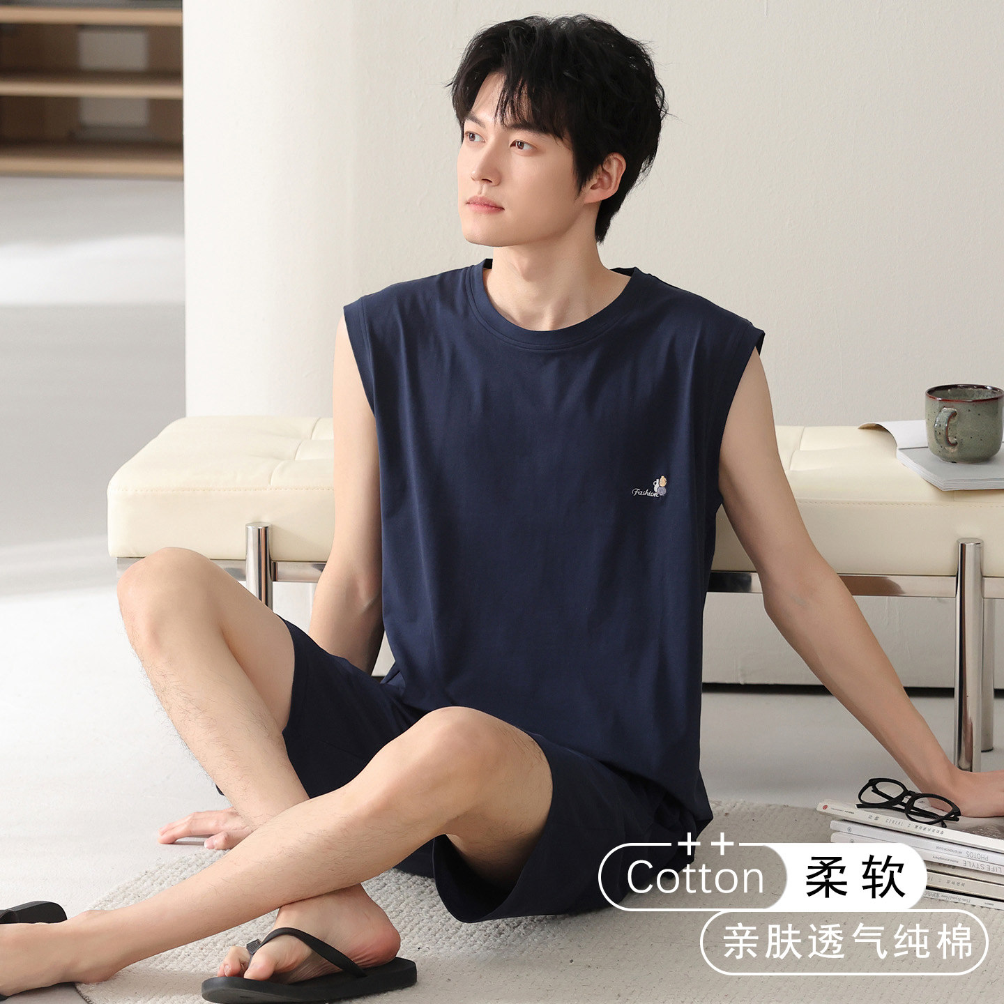 男士夏季纯棉背心无袖短裤套装薄款凉感可外穿家居服青年爸爸睡衣