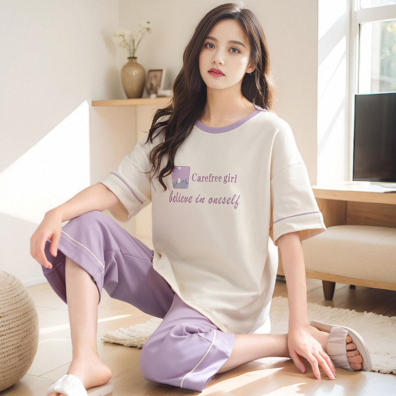 睡衣夏天女款纯棉短袖七分裤2026新款夏天薄款简约圆领家居服套装