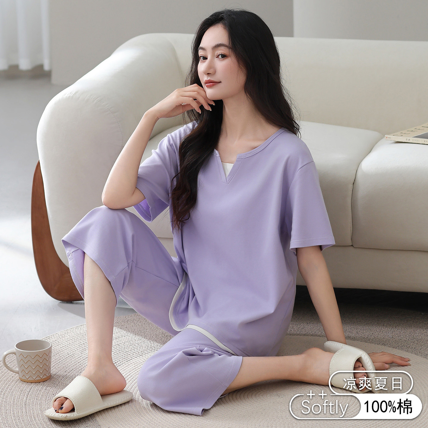 夏季纯棉妈妈七分裤睡衣套装可外