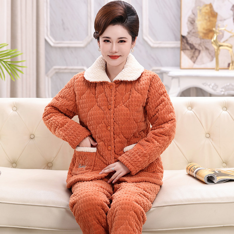 提花牛奶绒夹棉睡衣女士冬季加厚保暖中老年妈妈翻领开衫套装外出