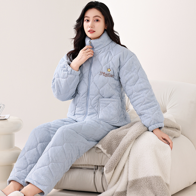 珊瑚绒睡衣女冬季针织夹棉三层加厚棉袄甜美高级感纯棉保暖家居服