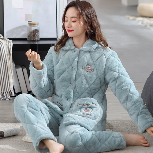 冬季珊瑚绒夹棉保暖家居服套装女