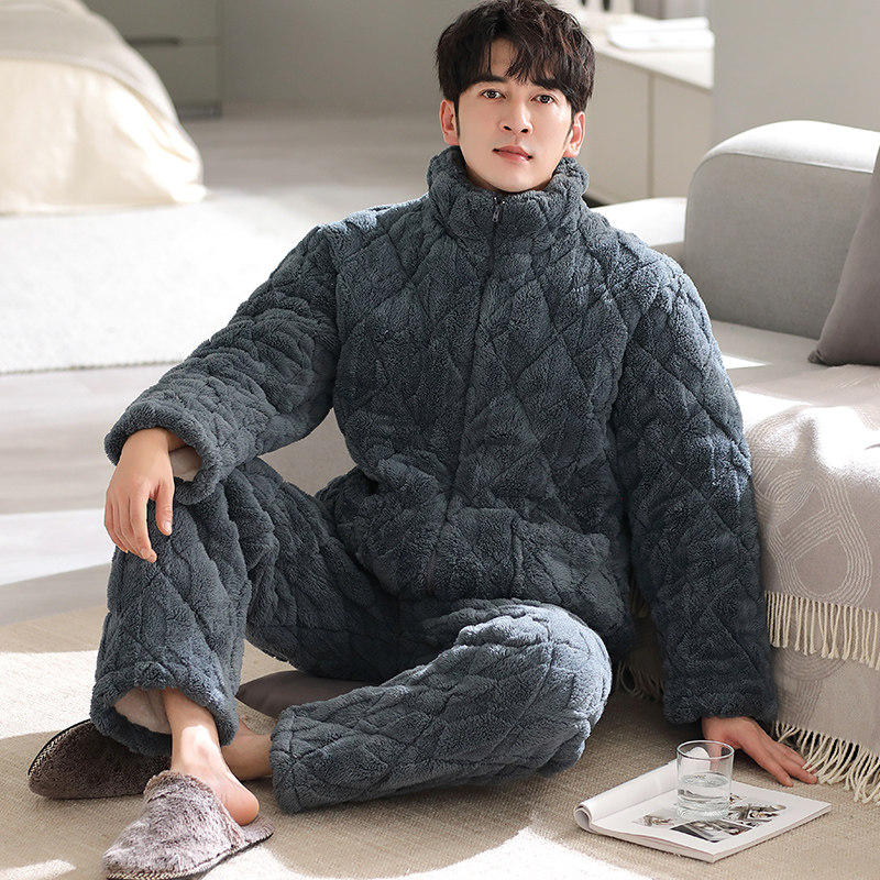 男士睡衣男秋冬季加厚加绒保暖夹棉中老年人爸爸珊瑚绒家居服套装