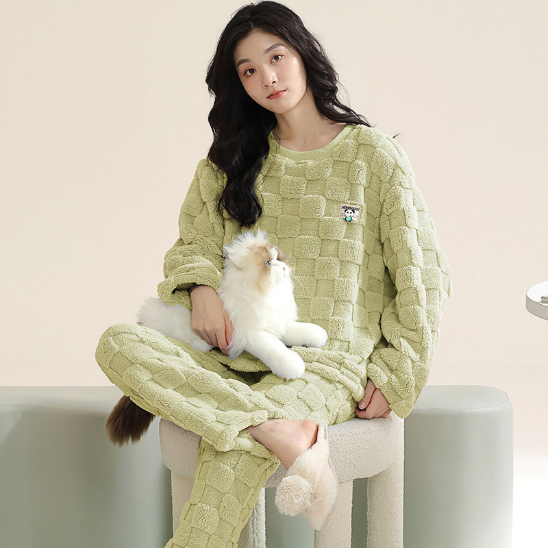 珊瑚绒睡衣冬季女款圆领套头加厚保暖法兰绒女士秋冬天家居服套装