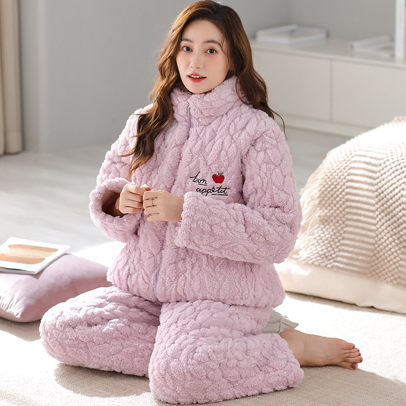 三层夹棉珊瑚绒睡衣女保暖棉袄睡衣冬季女加绒加厚外穿家居服套装