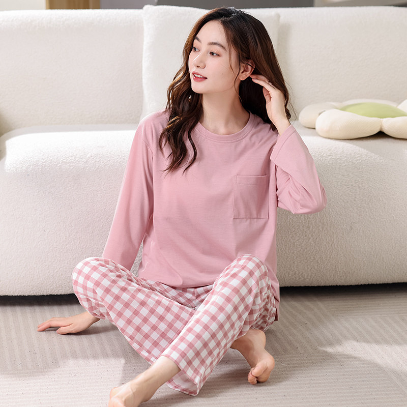纯棉睡衣女春秋长袖套装圆领带胸垫舒适休闲秋季女款家居服两件套