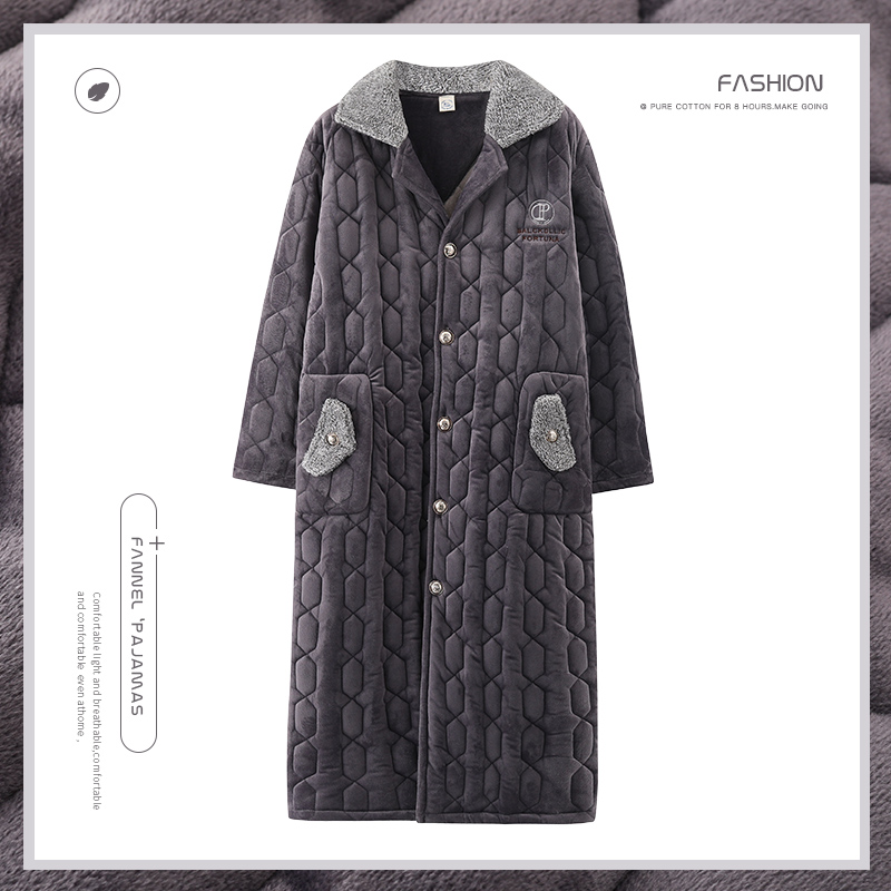 新款冬季睡袍男珊瑚绒三层夹棉加厚睡裤保暖睡衣开衬水晶绒家居服