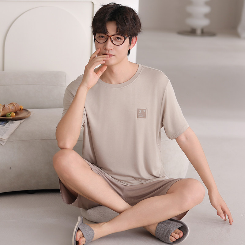莫代尔睡衣男士夏季圆领短袖短裤中年爸爸大码休闲套头家居服套装