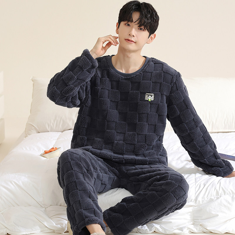 2026年新款睡衣男士秋冬季加绒加厚珊瑚绒冬款圆领套头家居服套装