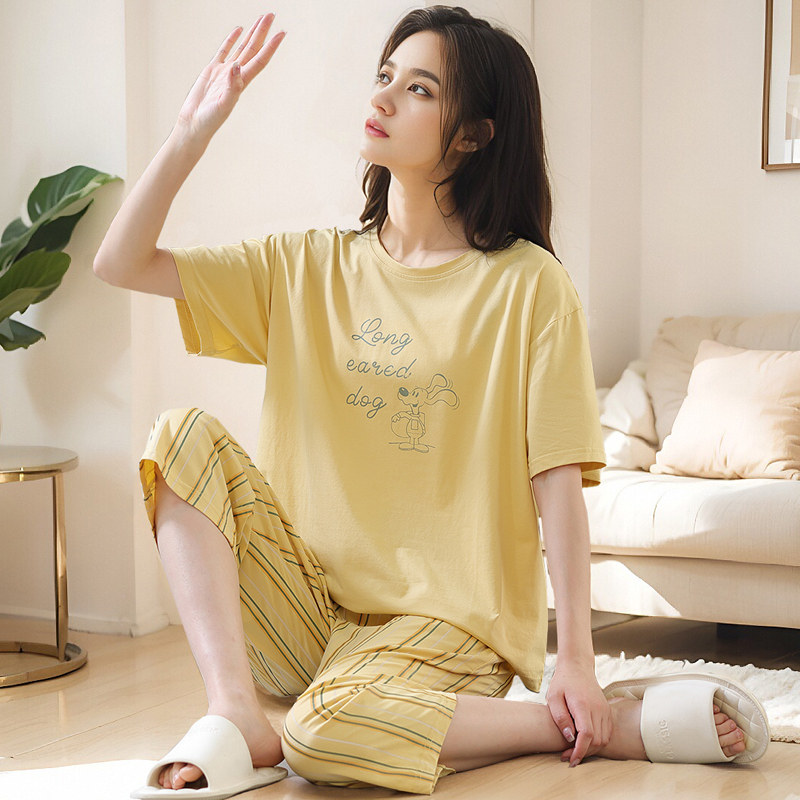 女士睡衣夏款2026新款纯棉简约圆领短袖七分裤套装夏天家居服女款