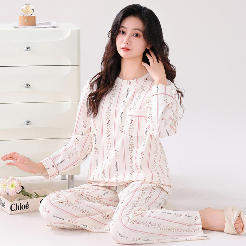 睡衣女款长袖纯棉套头春秋季中老年妈妈大码简约气质高级感家居服