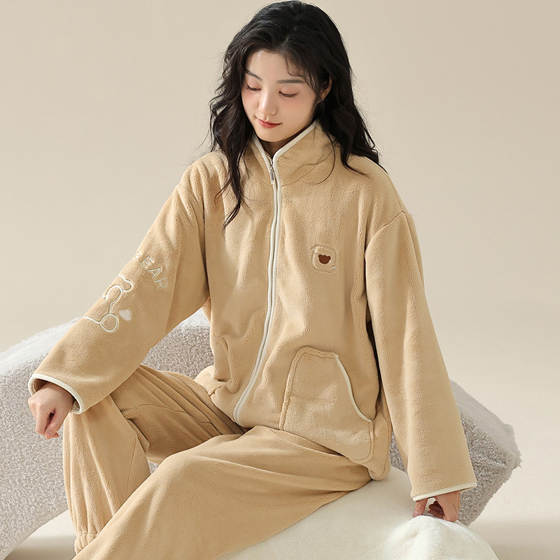 睡衣女冬季加绒加厚保暖珊瑚绒简约休闲大码女士法兰绒家居服套装