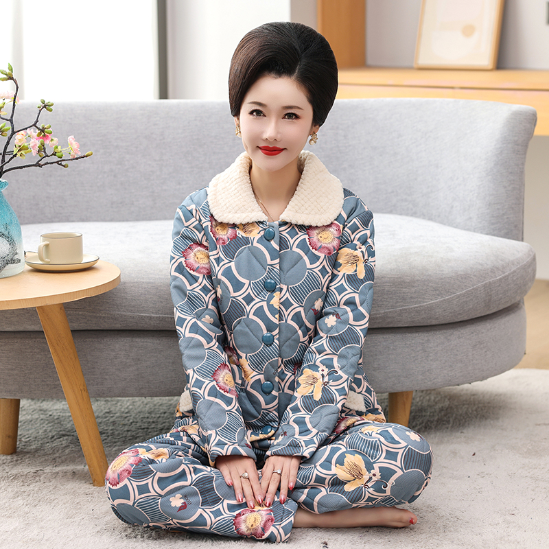 女士三层加厚针织夹棉家居服套装