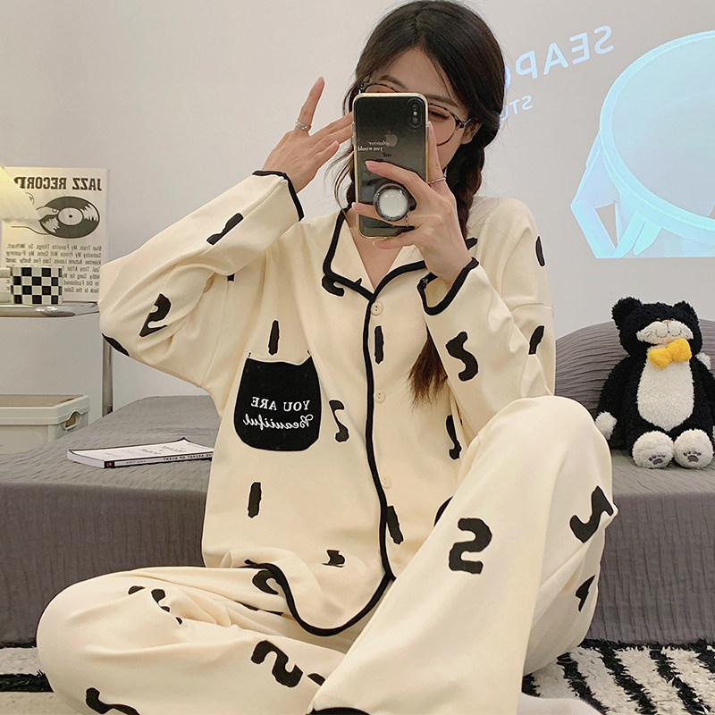 数字图案睡衣女秋季纯棉网红卡通可爱甜美开衫翻领秋款家居服套装