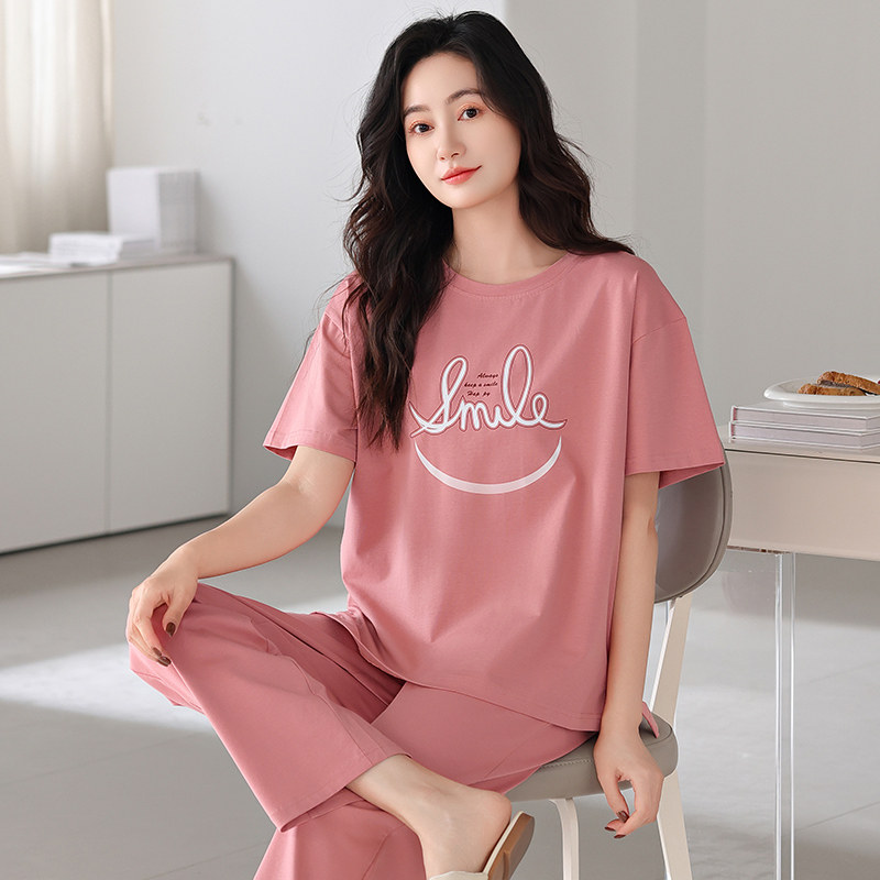 妈妈纯棉睡衣女新款简约短袖长裤