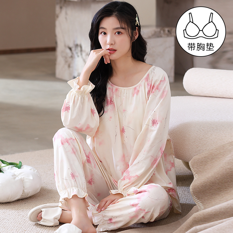 带胸垫睡衣女款春秋季2024新款拉架纯棉长袖秋冬款女士家居服套装