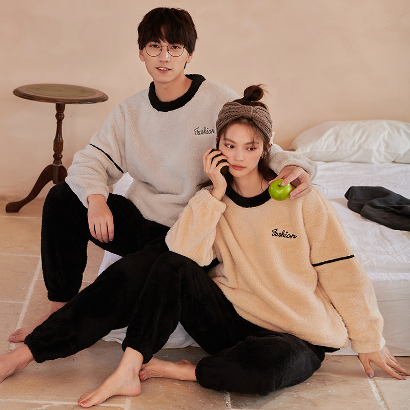 情侣睡衣冬季套头加绒加厚圆领珊瑚绒男女可外穿保暖家居服套装