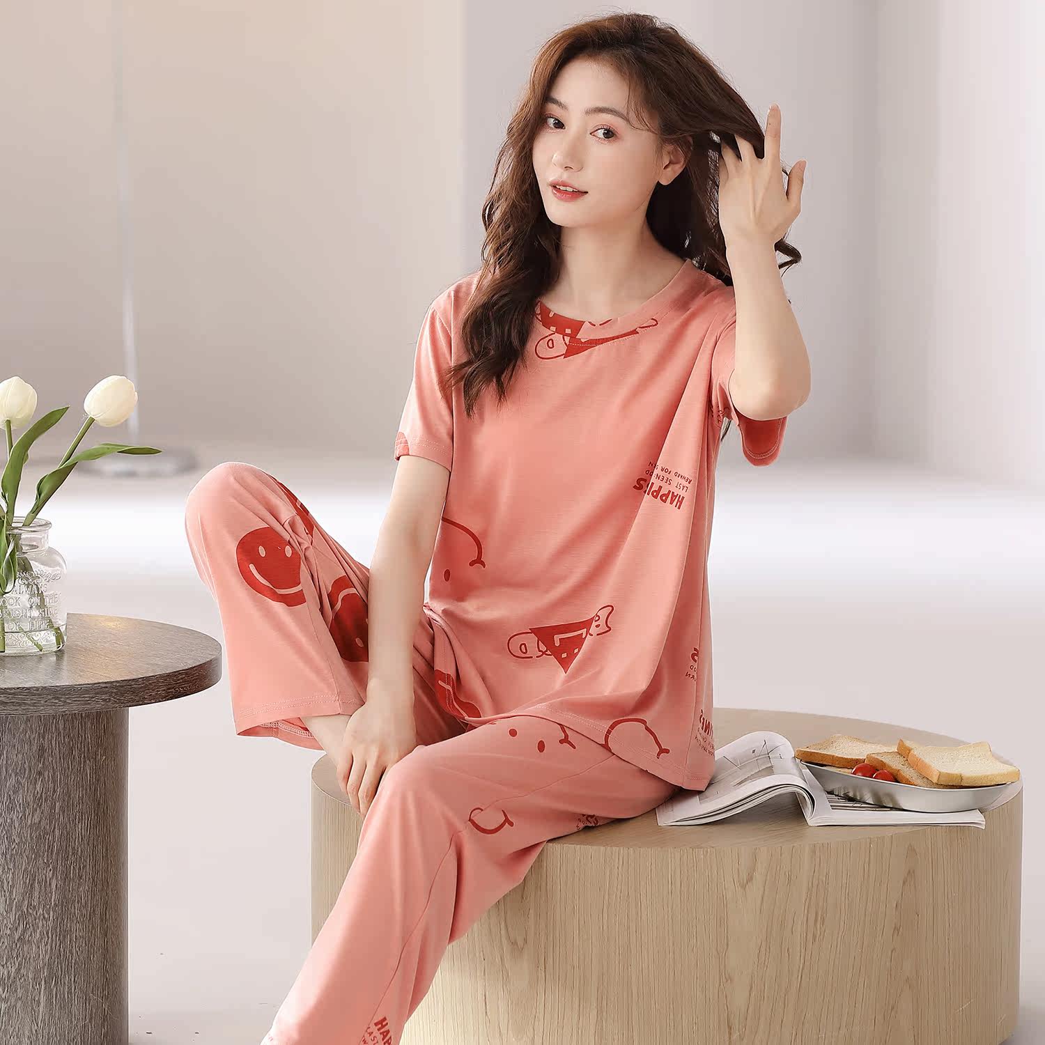 睡衣女款2026新款夏季凉感莫代尔短袖长裤妈妈夏天薄款家居服套装