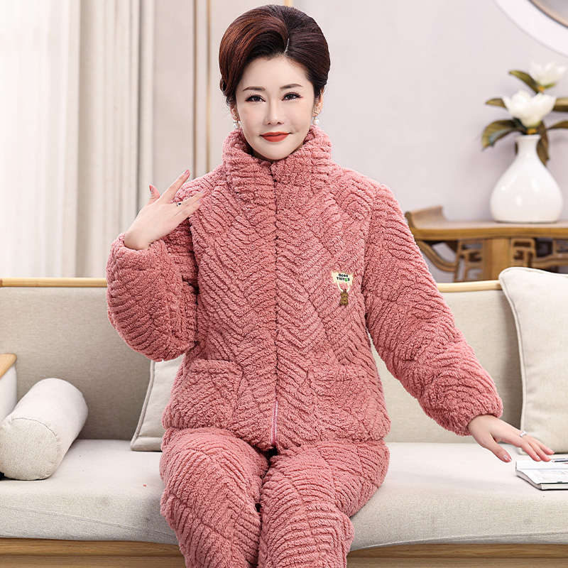 珊瑚绒睡衣女款秋冬季加厚加绒三层夹棉袄立领拉链新款家居服套装
