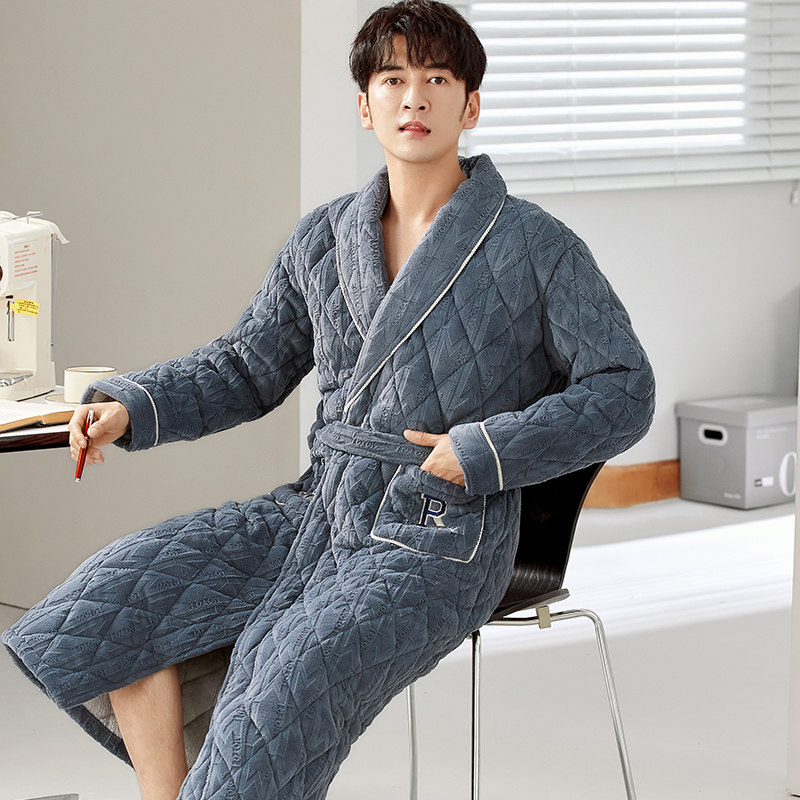 加厚加绒睡袍中年男士睡衣浴袍冬季三层夹棉保暖珊瑚绒家居服睡衣