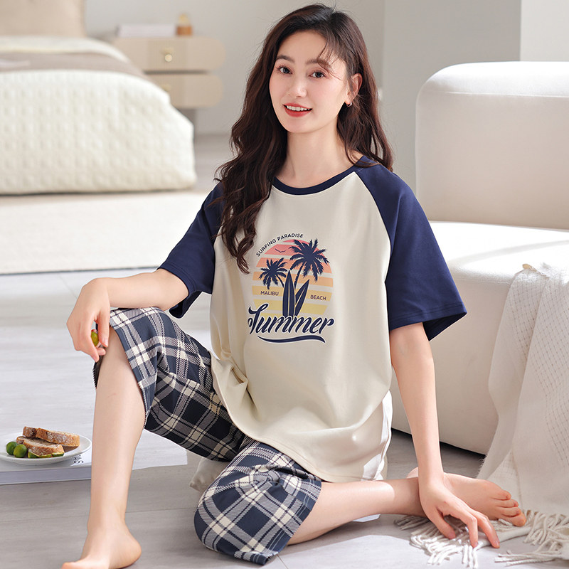 女士睡衣夏季纯棉短袖七分裤套装夏天薄款大码休闲圆领家居服女款