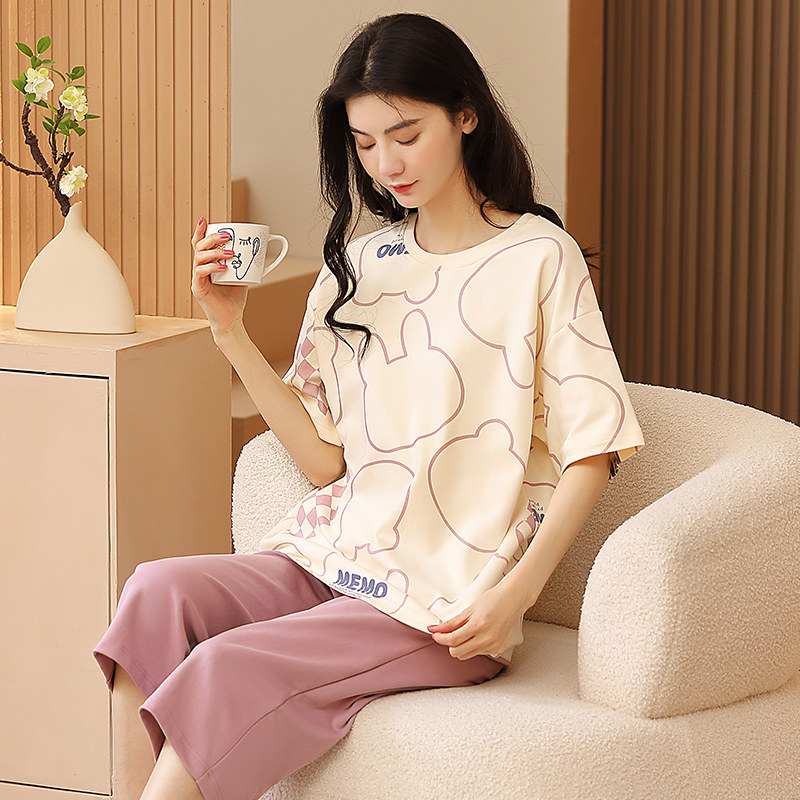 女士睡衣女款夏季纯棉短袖套装2026新款七分裤妈妈宽松家居服夏天