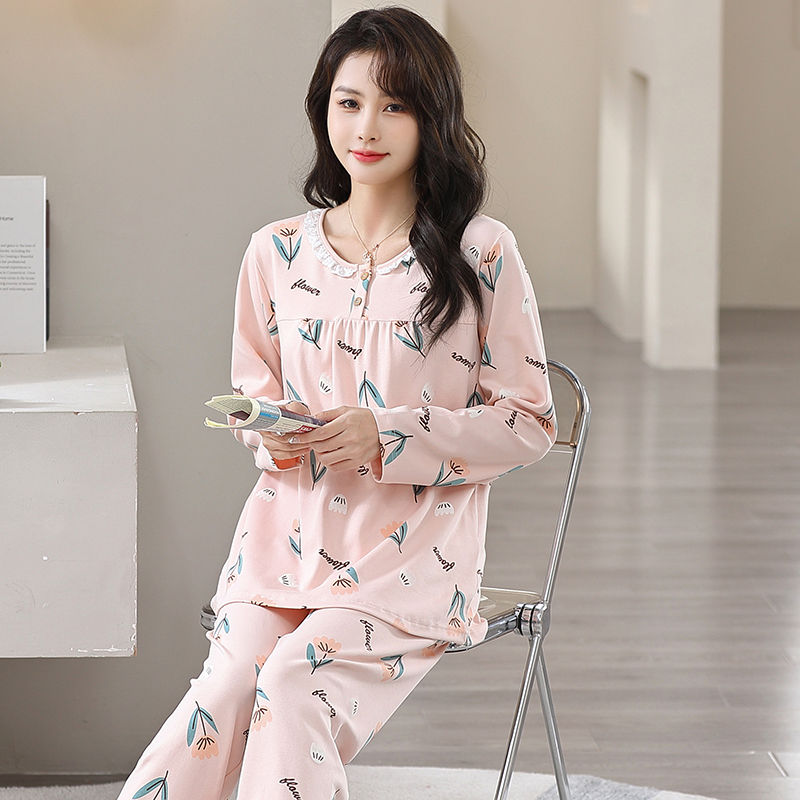 2023春秋季新款睡衣女秋纯棉长袖圆领薄款中年女士大码家居服套装