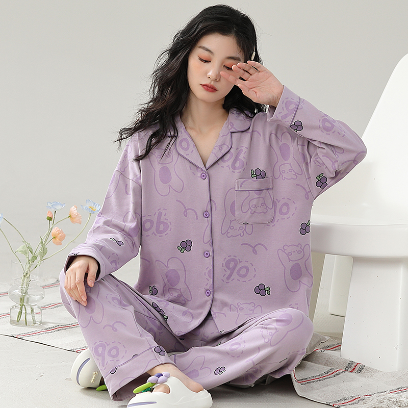 睡衣女士春秋款2023年新款长袖开衫翻领纯棉秋冬季休闲家居服套装