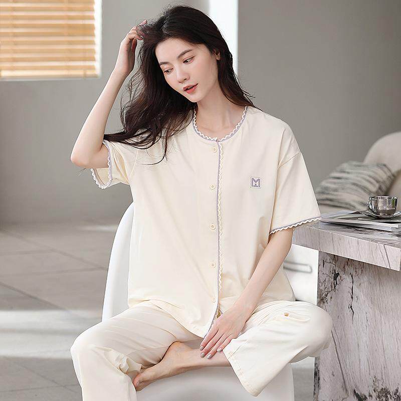 高级感睡衣女款短袖长裤纯棉春夏季妈妈开衫简约家居服套装可外穿