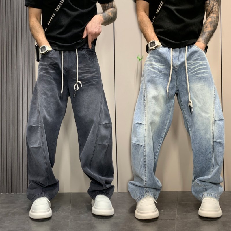 抽绳阔腿牛仔裤男2026年新款春季水洗直筒休闲长裤宽松舒适百搭潮,男装,牛仔裤,淘宝优惠券,粉丝福利购,淘宝优惠卷