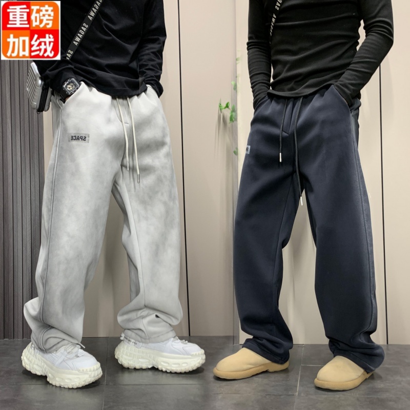 秋冬季加绒扎染设计感脏脏裤男士休闲长裤侧边褶皱阔腿运动裤子潮