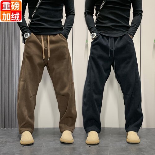 2025新款冬季加绒加厚简约百搭弯刀休闲裤男士宽松显瘦直筒运动裤