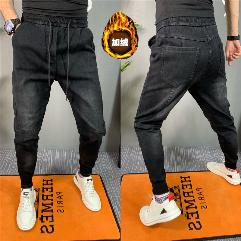 秋季男裤弹力男士百搭牛仔裤精神小伙哈伦裤网红加厚束脚裤小脚裤