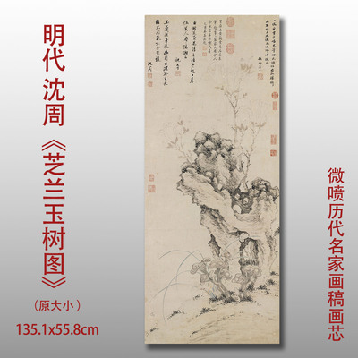 沈周芝兰玉树图竹石国画喷绘临摹
