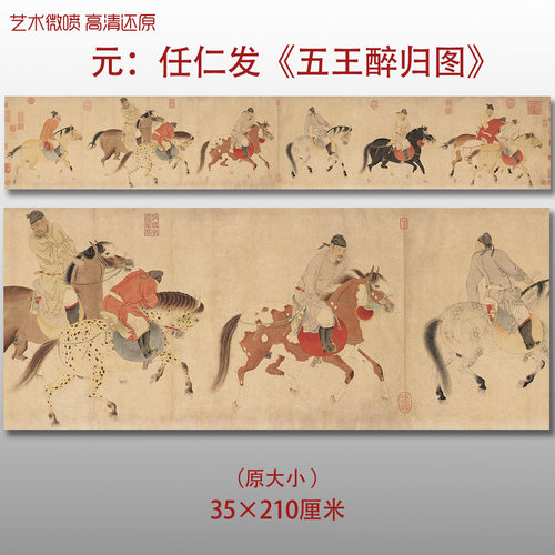 元代 任仁发五王醉归图 名家国画真迹复制品高清艺术微喷绢本临摹