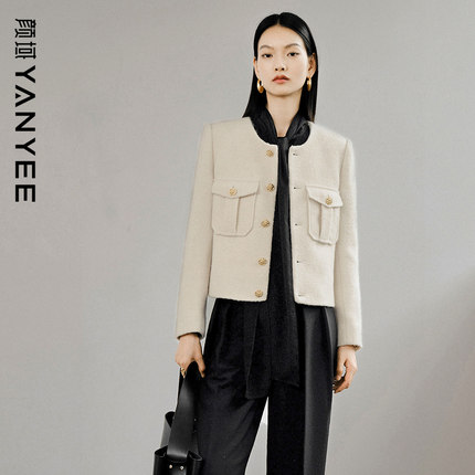 颜域圆领小香风外套女2024新款冬季白色气质高级感短款毛呢大衣