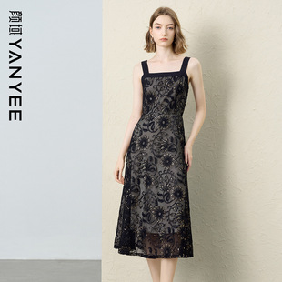 颜域黑色超好看蕾丝连衣裙女2026春季 重工绣花高贵气质吊带裙 新款