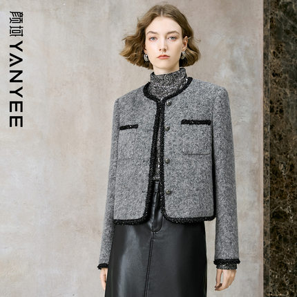 颜域灰色毛呢外套女2025新款冬季短款修身气质小香风毛绒外衣女士