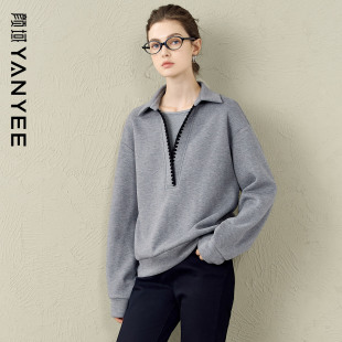 颜域灰色翻领翻领卫衣女士2025冬季 宽松休闲保暖百搭针织上衣 新款