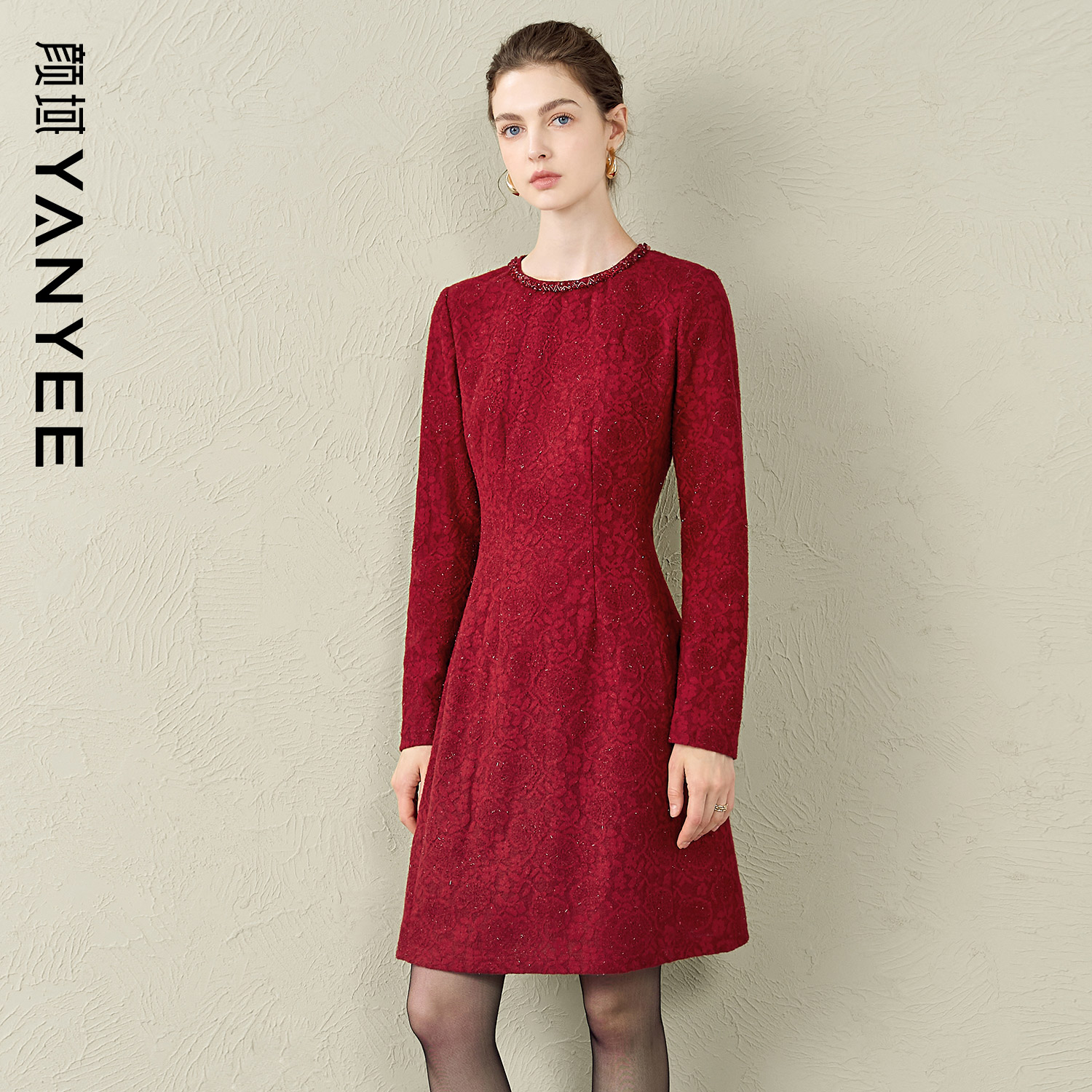 颜域红色气质连衣裙女