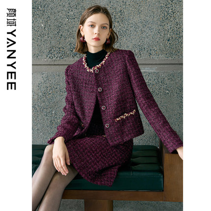 颜域高级感小香风毛呢大衣女士2024新款冬季酒红色正肩圆领短外套