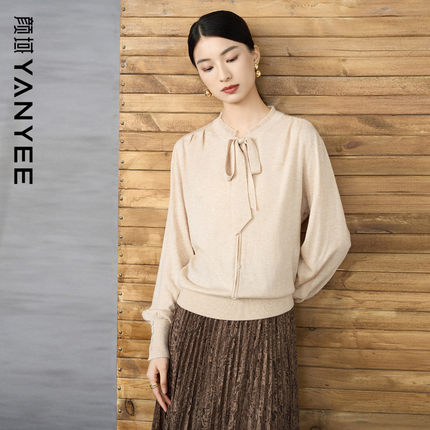 颜域系带气质针织衫女2025新款冬季优雅酒红色上衣长袖立领毛衣女