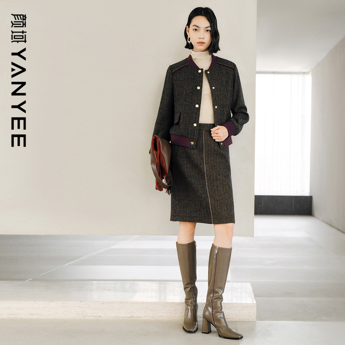 休闲套装毛呢外套半身裙两件套