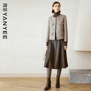 毛呢外套毛衣皮半身裙三件套服 冬季 颜域羊毛小香风套装 女2023新款